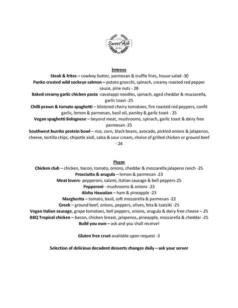 sweet ash bistro menu|sweet ash menu.